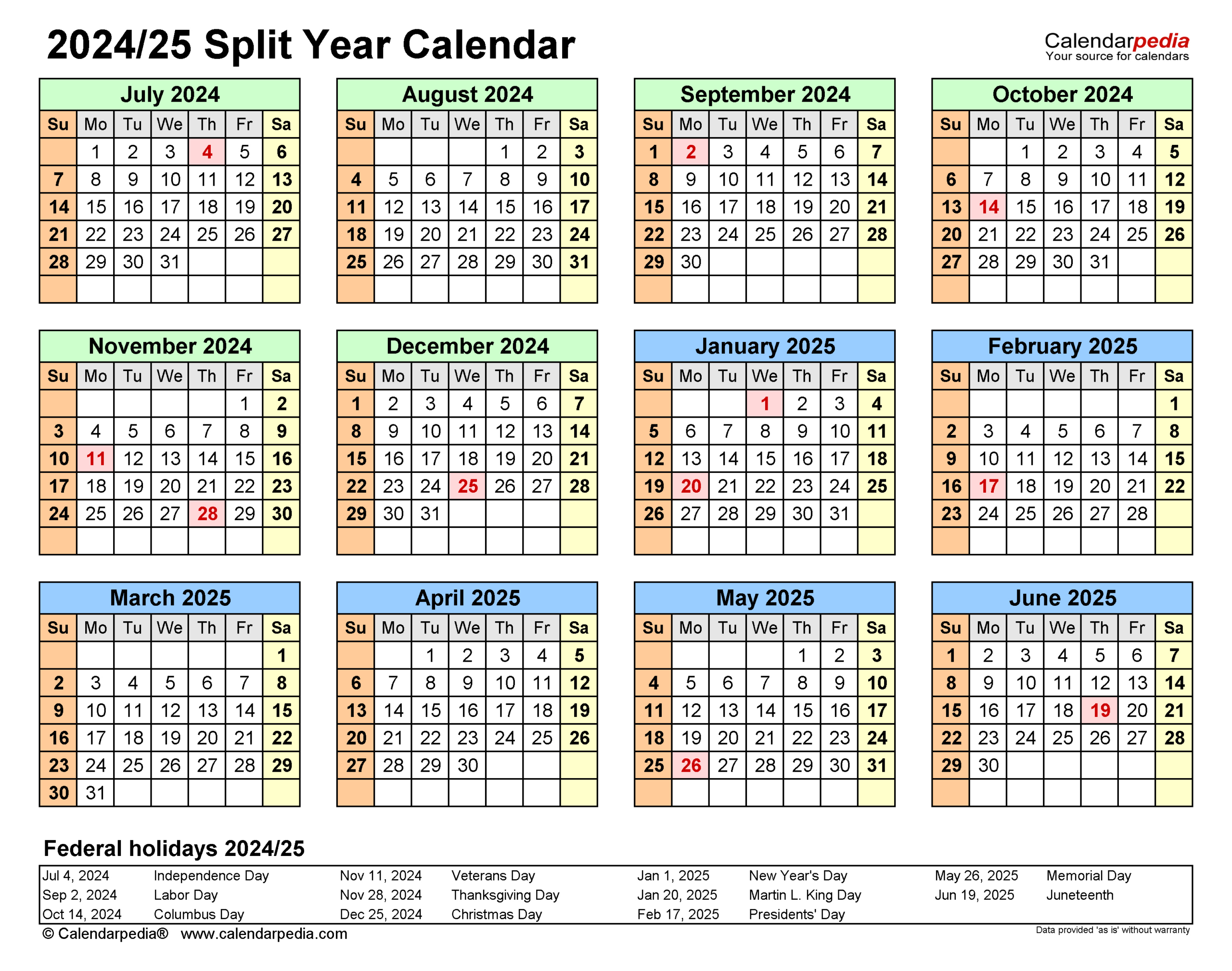 Split Year Calendars 2024/2025 (July To June) - Pdf Templates | Printable Calendar August 2024 to May 2025